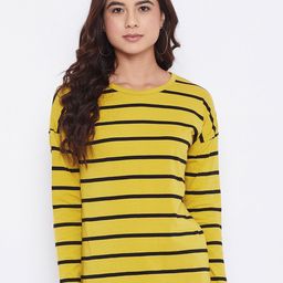 Hypernation Women Yellow & Black Striped Slim Fit Cotton T-shirt-image-57
