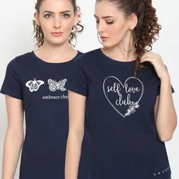 UnaOne Women Plus Size Pack Of 2 Navy Blue Printed Slim Fit T-shirts-image-99