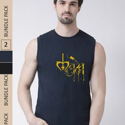 Friskers Pack Of 2 Typography Printed Sleeveless Slim Fit Pure Cotton Sports T-shirt-image-94