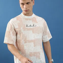 KETCH Unisex White & Beige Abstract Printed Slim Fit T-shirt-20