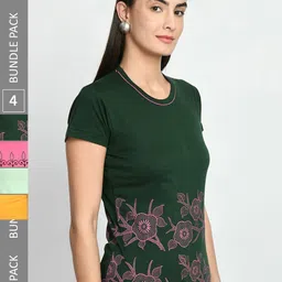 IndiWeaves Pack Of 4 Floral Printed Cotton T-shirt-image-58