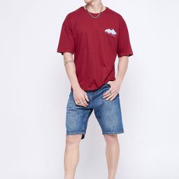 Mast & Harbour Maroon Graphic Print Round Neck Oversized T-shirt-image-2