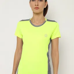 CHKOKKO Women Fluorescent Green & Grey Antimicrobial Active Wear Sports T-shirt-image-65