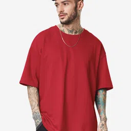 The Souled Store Red Drop Shoulder Pure Cotton Loose Fit Oversized T-Shirt-image-7