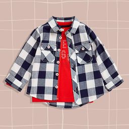 mothercare Boys White and Navy Blue Checked Casual Shirt with T-shirt-image-58