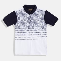 GOJI Boys White & Navy Blue Printed Polo Collar T-shirt-image-11