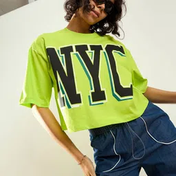 SASSAFRAS Green Typography Printed Round Neck Pure Cotton Oversized Crop T-shirt-image-36