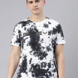 Joven Men Black & White Tie and Dye Printed Cotton T-shirt-image-44