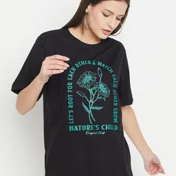 Mast & Harbour Black Typography Printed Round Neck Cotton Oversized T-shirt-picture-22