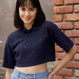 STREET 9 Navy Blue Polo Collar Drop Shoulder Sleeves Crop Pure Cotton Oversized T-shirt-image-61