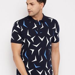 WILD WEST Men Navy Blue & White Printed Polo Collar T-shirt-image-91