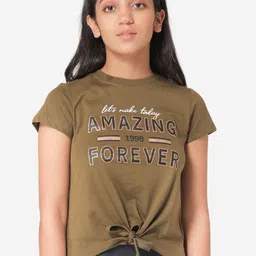 Mode by Red Tape Girls Olive Green Printed Round Neck T-shirt-image-80