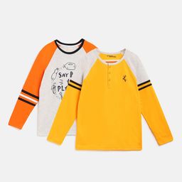 Lil Tomatoes Boys Pack of 2  Orange  Yellow Colourblocked Pure Cotton Printed  Pure Cotton T-shirt-image-77