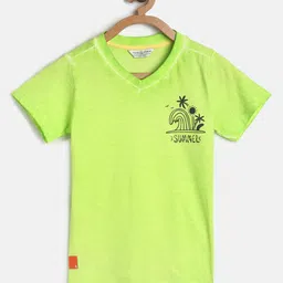 TALES & STORIES Boys Fluorescent Green Printed V-Neck T-shirt-image-92