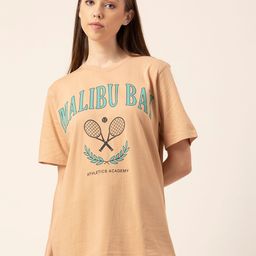 Lounge Dreams Women Beige Typography Printed Applique Oversized  T-shirt-image-16