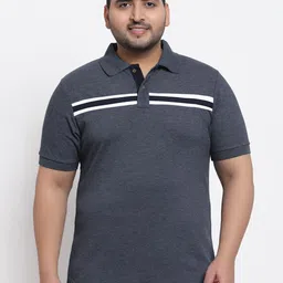 Kalt Men Plus Size Navy Blue & White Striped Polo Collar T-shirt-image-81