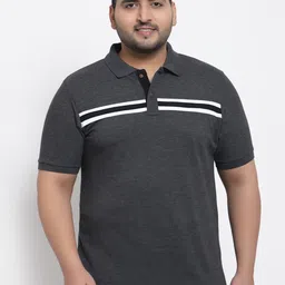 Kalt Men Plus Size Grey Melange & White Striped Polo Collar T-shirt-image-70