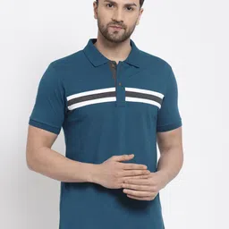 Kalt Men Teal Blue & White Striped Polo Collar T-shirt-image-68