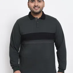 Kalt Men Plus Size Charcoal Grey Striped Polo Collar T-shirt-image-16