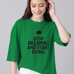 Kotty Green & Black Typography Printed Drop Shoulder Sleeves Oversized Casual T-Shirt-picture-30