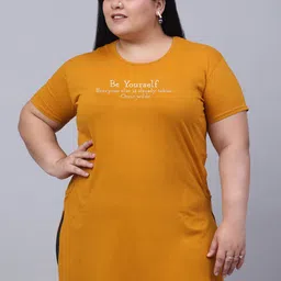 Trend Level Plus Size Typography Printed Pure Cotton Longline T-shirt-image-0