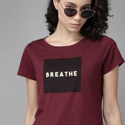 Roadster Women Maroon Printed Round Neck Pure Cotton T-shirt-image-76