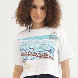United Colors of Benetton Women Graphic Printed Round Neck Pure Cotton T-shirt-picture-3