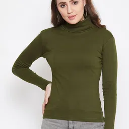 Hypernation Women Olive Green Solid Turtle Neck Pure Cotton T-shirt-24