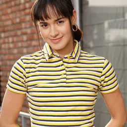 STREET 9 Yellow & White Striped Polo Collar Crop Pure Cotton T-shirt-image-37