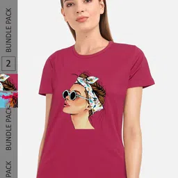 CHOZI Pack Of 2 Graphic Printed Short Sleeves Pure Cotton T-shirt-image-46