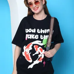 DOOR74 Typography Print Drop Shoulder Sleeves Cotton Oversized Longline T-shirt-image-96