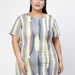 plusS Grey Abstract Printed Drop-Shoulder Sleeves Cotton Casual  T-shirt-40