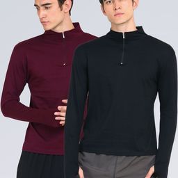 appulse Men Maroon & Black Pack Of 2 High Neck Slim Fit One-Fourth Zipper & Thumbopen T-shirt-image-101