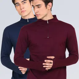 appulse Men Navy Blue & Maroon Pack of 2 One-Fourth Zipper Thumb-Open Cotton T-shirt-image-29