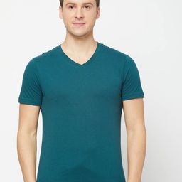 SPORTO Men Turquoise Blue Solid V-Neck Cotton T-shirt-image-98