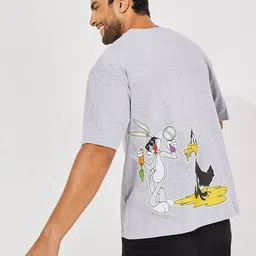 Styli Men Looney Tunes Front and Back Graphic Print Compact Jersey Oversized T Shirt-picture-1