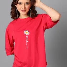 Kotty Red Typography Printed Drop-Shoulder Sleeves Oversized T-shirt-55