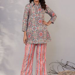 LALI JAIPUR Printed Linen Tunic With Trousers Co-Ords-17