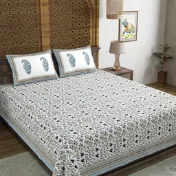 BLOCKS OF INDIA White & Grey Floral 210 TC Pure Cotton King Bedsheet with 2 Pillow Covers-image-58