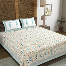 BLOCKS OF INDIA White & Turquoise Blue Print 250 TC Cotton King Bedsheet & 2 Pillow Covers-image-96