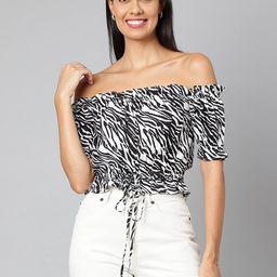 FINSBURY LONDON Black & White Animal Printed Off-Shoulder Bardot Cotton Crop Top-picture-10