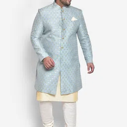 KISAH PLUS Men Beige Woven Design Sherwani Set-image-90