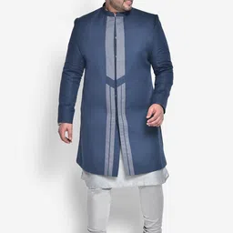 KISAH PLUS Men Blue & Grey Solid Silk Sherwani Set-picture-18