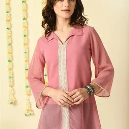 KALINI Floral Embroidered Shirt Collar Flared Sleeves Georgette Longline Shirt Style Top-picture-37