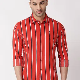 Basics Men Red Slim Fit Striped Cotton Casual Shirt-image-61