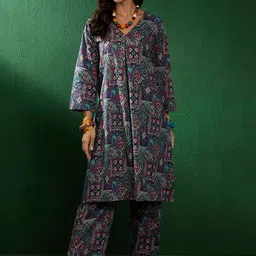 Sangria Ajrakh Printed Pure Cotton Straight Kurta & Trousers-21