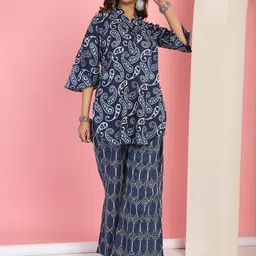 TAG 7 Paisley Printed Mandarin Collar Flared Sleeves Pure Cotton Tunic & Palazzos-image-55