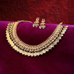 ZENEME Gold-Plated Stones-Studded & Beads-Beaded Temple Jewellery Set-picture-2