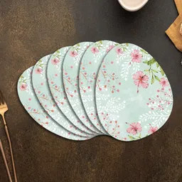 SPACE OF JOY Fluttering Blossoms 6 Pcs Blue Floral Anti-Slip Egg Shape Table Placemats-1