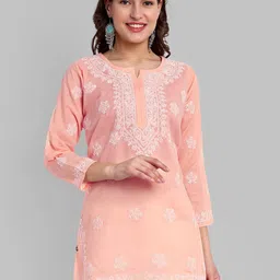 ADA Peach-Coloured & White Floral Embroidered Thread Work Pure Cotton Thread Work Kurti-11